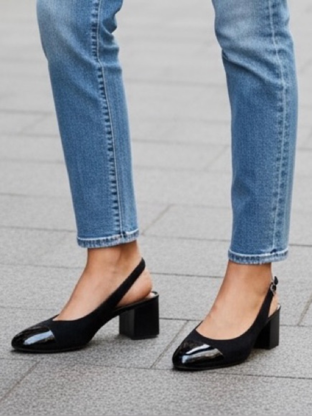 TAHARI black suede sling back and patent toe. Size 7 1/2 M. BUY NOW PRICE